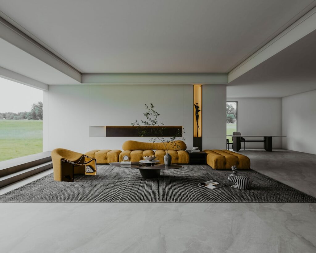 Stone-look laminate flooring in a modern living room with slate gray finish