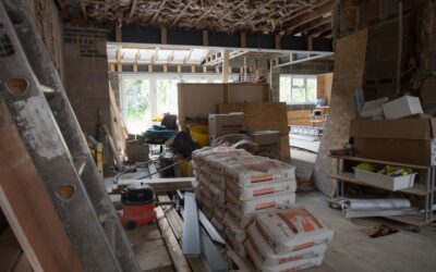Exposed plywood subfloor in a room being prepared for new flooring installation