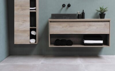 Modern bathroom with waterproof vinyl flooring in a stone-look pattern