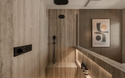 Waterproof vinyl flooring installed in a stylish modern bathroom