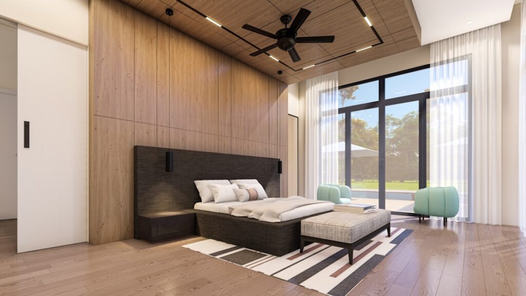 Modern bedroom with plush wall-to-wall carpet in a neutral tone