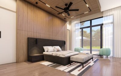 Modern bedroom with plush wall-to-wall carpet in a neutral tone