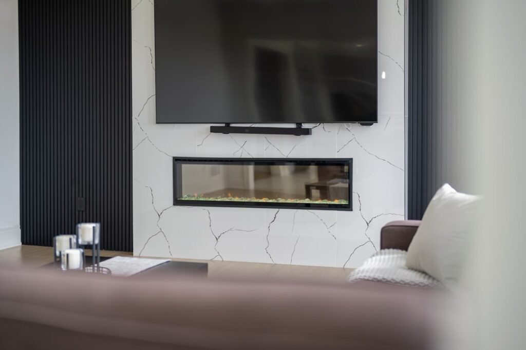 Modern living room with textured wall tiles on a feature accent wall