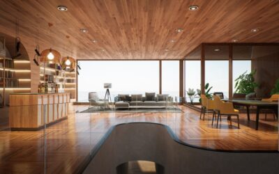 Spacious living room with wide plank laminate flooring in a natural oak finish