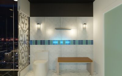 Modern all tile bathroom with floor-to-ceiling large format tiles and walk-in shower
