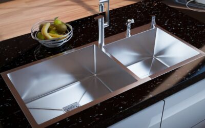 Sleek black kitchen countertops paired with white cabinets in a contemporary kitchen