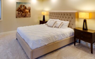Modern bedroom with wall-to-wall carpet and a carpeted accent wall
