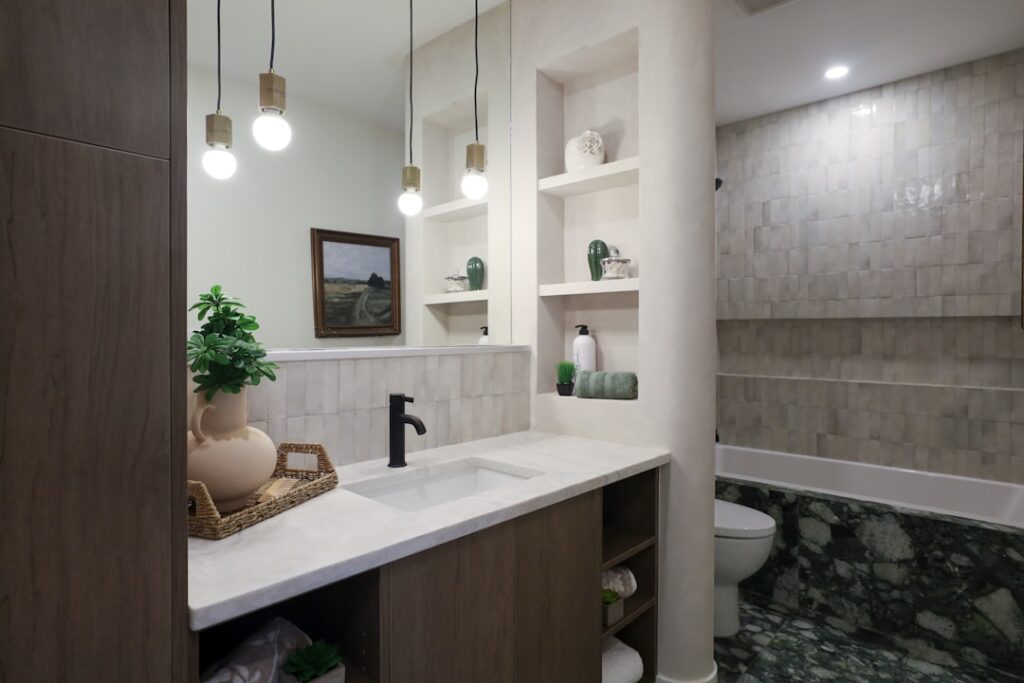 Sparkling clean ceramic tile floor in a modern kitchen