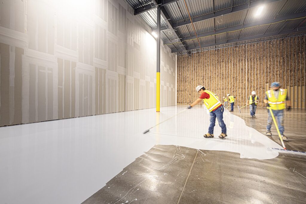 Metallic epoxy garage floor with a sleek reflective finish