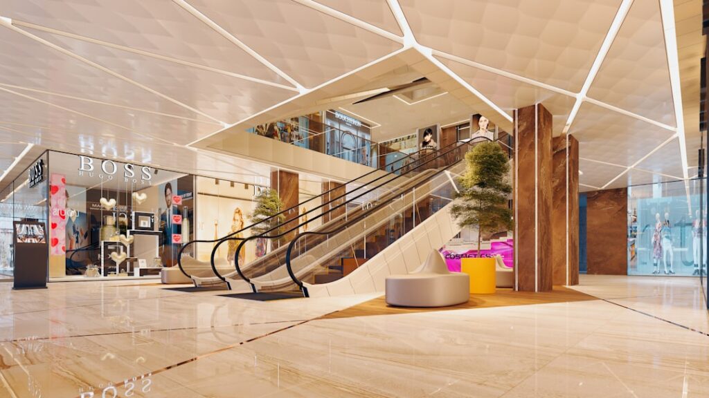Flooring showroom with stacked hardwood and vinyl samples on sale