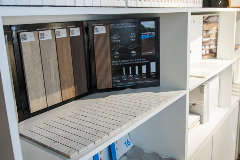 Luxury vinyl plank flooring display at a home improvement store