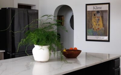 Freshly painted Formica countertop with a modern stone-like finish in a bright kitchen