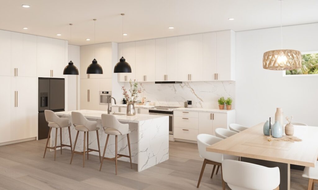 Sparkling clean white quartz countertop in a modern kitchen