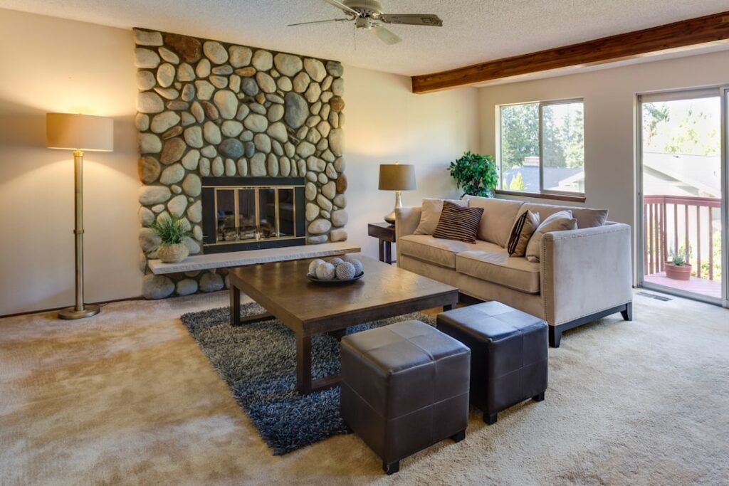 Thick plush carpet in a cozy living room with comfortable seating
