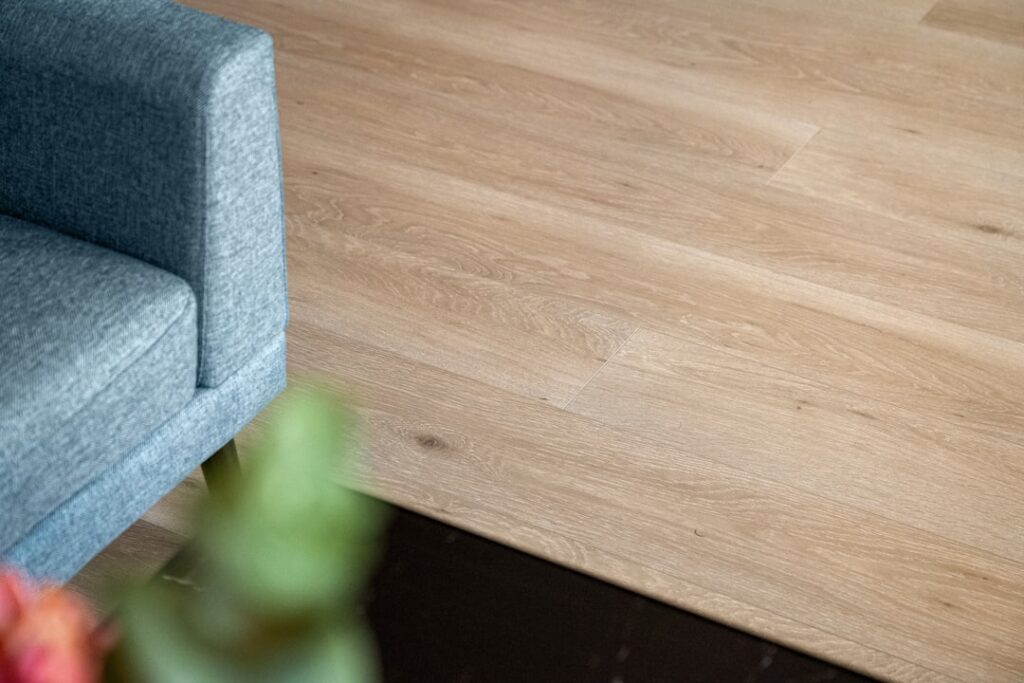 Close-up of solid oak hardwood flooring planks showing natural grain