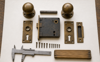 Complete historic mortise lock set with brass knobs, backplates, spindle, strike, screws, and measuring tools