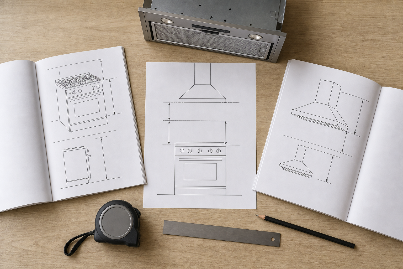 Range and hood manuals beside an elevation sketch and tape measure for clearance planning