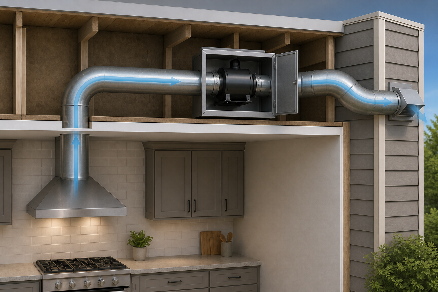 Cutaway showing a direct metal duct route from a kitchen hood through an accessible remote blower to the exterior