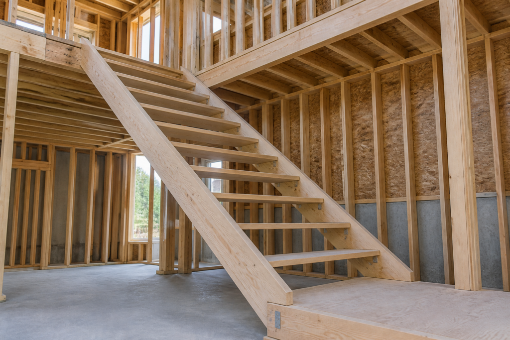 Unfinished staircase viewed from below with inclined wood stringers supporting the treads
