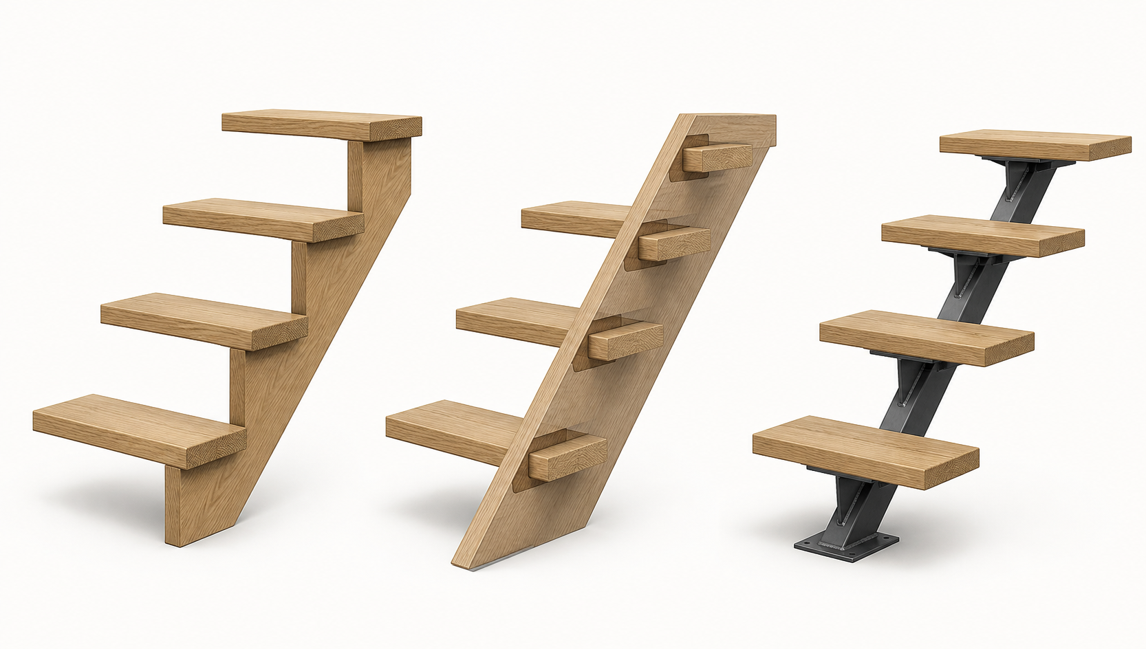 Comparison of notched wood, housed wood, and center metal stair stringers