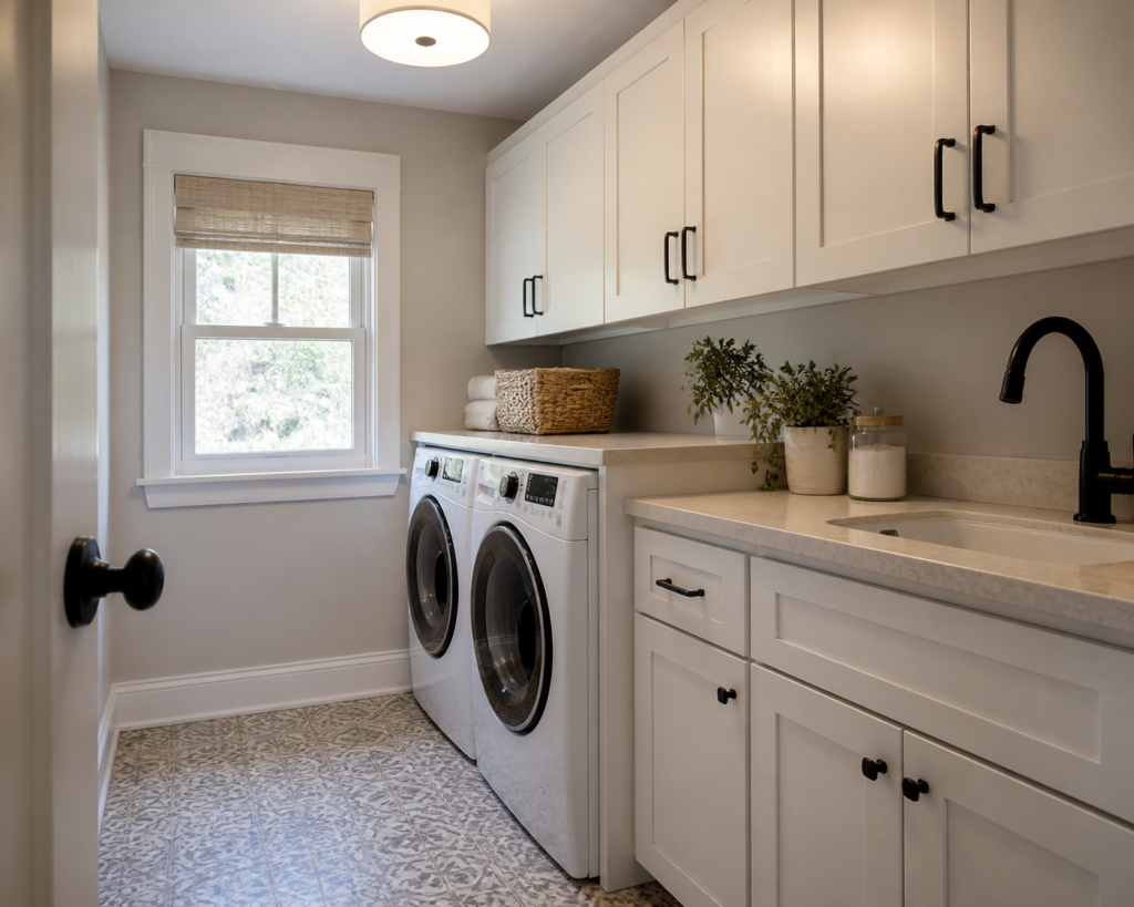White laundry cabinets coordinated with appliances, warm trim, pale counter, patterned floor, and dark hardware
